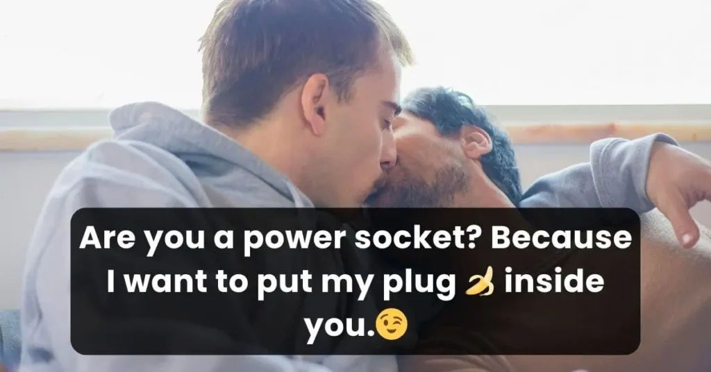 gay couple kissing each other on a sofa and saying a dirty gay pick up line