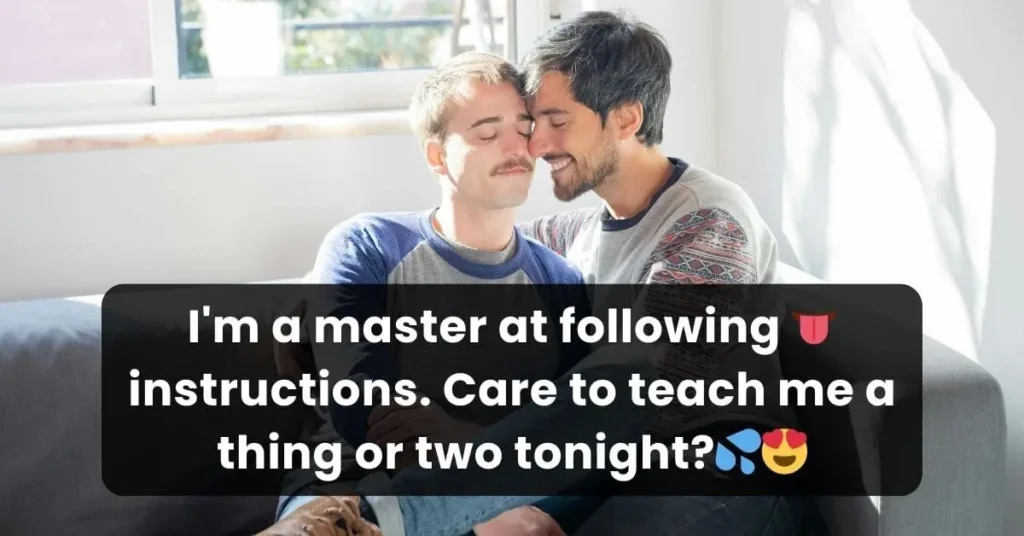 gay couple sitting on a sofa and describing a dirty gay pick up line
